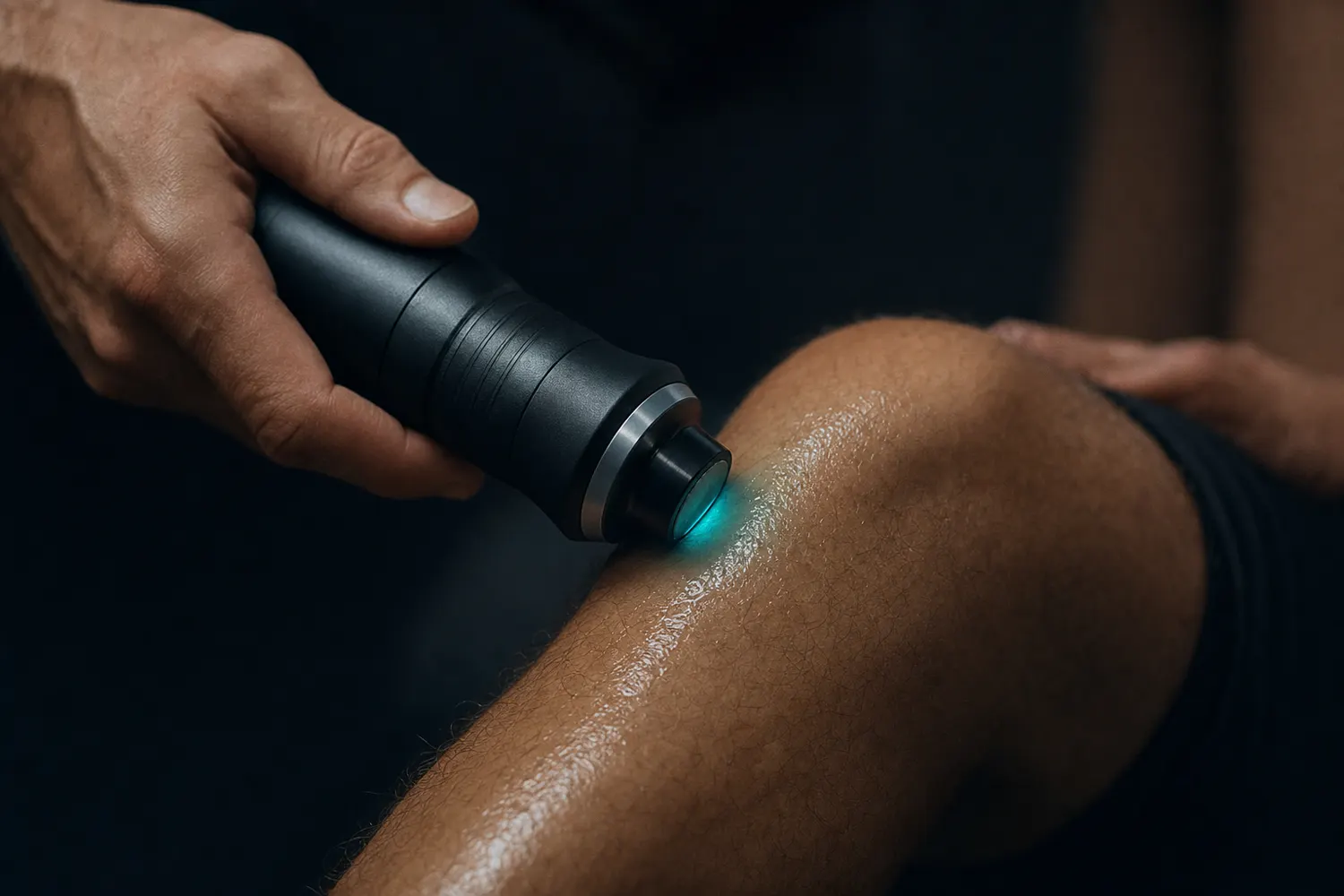 Close-up of an acoustic wave therapy applicator being pressed against a patient's knee