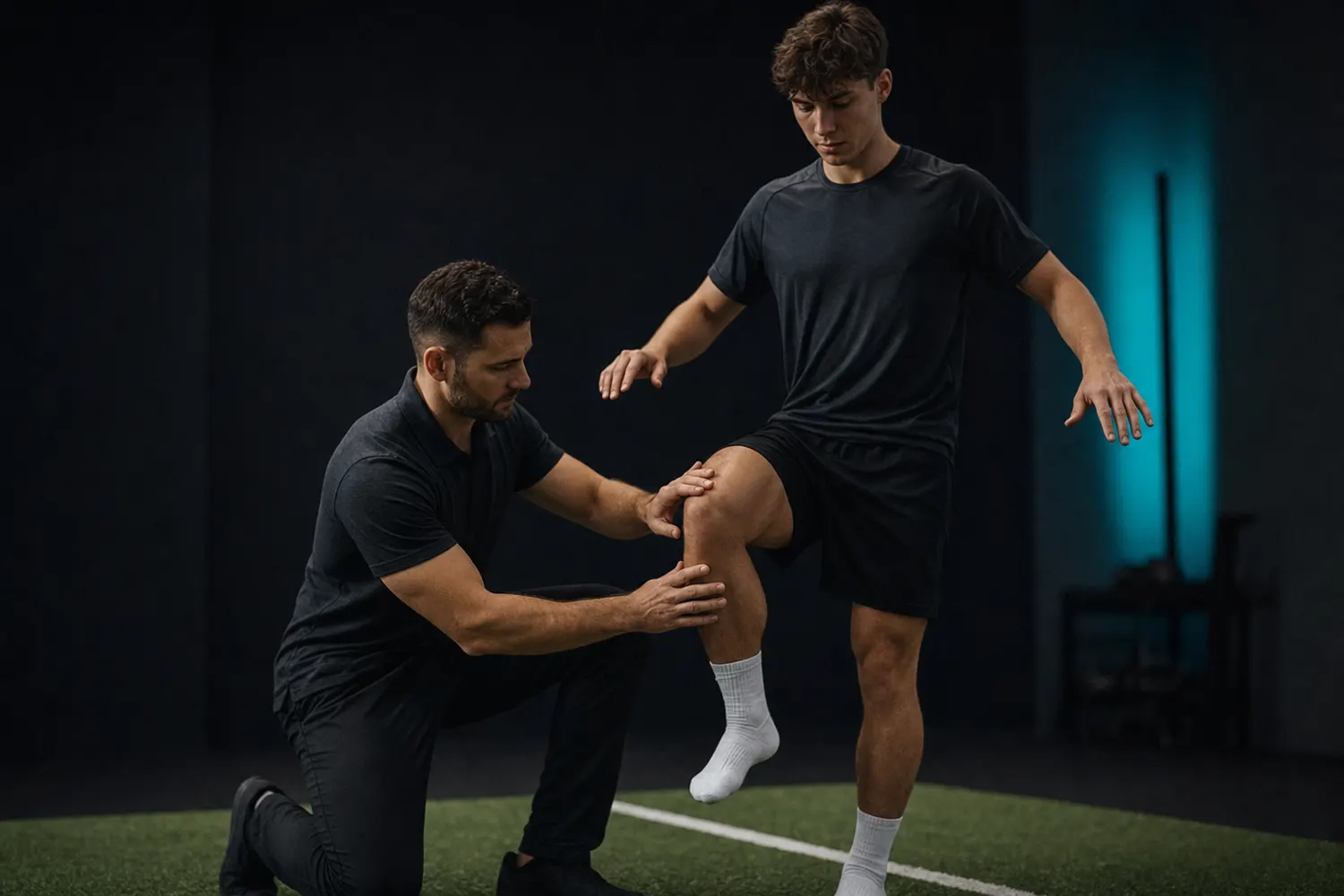 Clinician coaching an athlete through a single-leg balance drill on turf